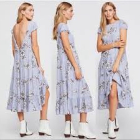 Free People Rita Tiered Floral Midi Dress in Periwinkle - Size Large - Picture 1 of 5